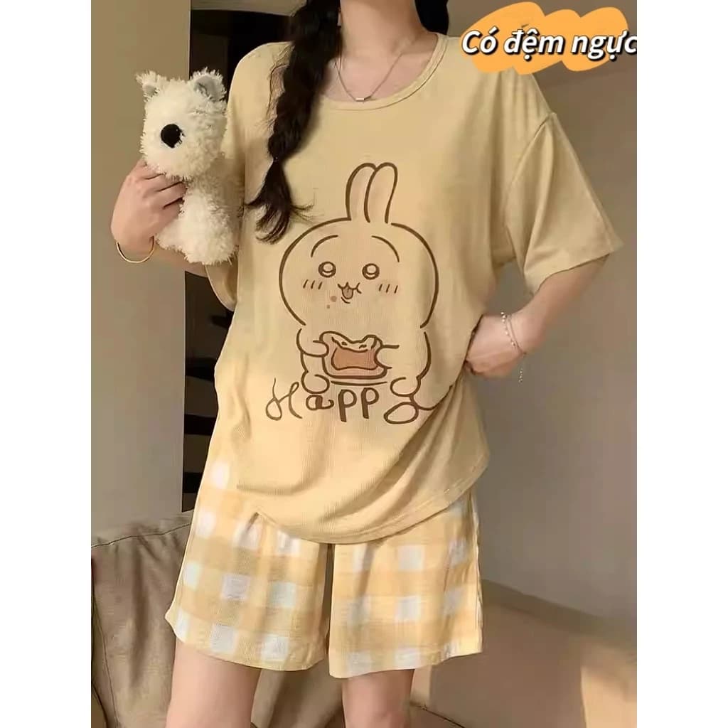 Đồ ngủ nữ sinh có miếng độn ngực | Bộ đồ ngủ mùa hè mỏng nhẹ tay ngắn quần short in hình thú ngộ nghĩnh phong cách ngọt ngào thời trang