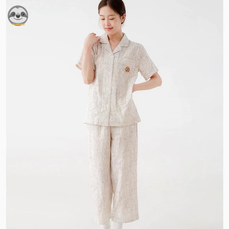 Bộ đồ ngủ ngắn tay sọc cotton nguyên chất phong cách cặp đôi/ Bộ đồ ngủ bằng sợi hai lớp cotton/ Bộ đồ ngắn mặc ngoài thời trang