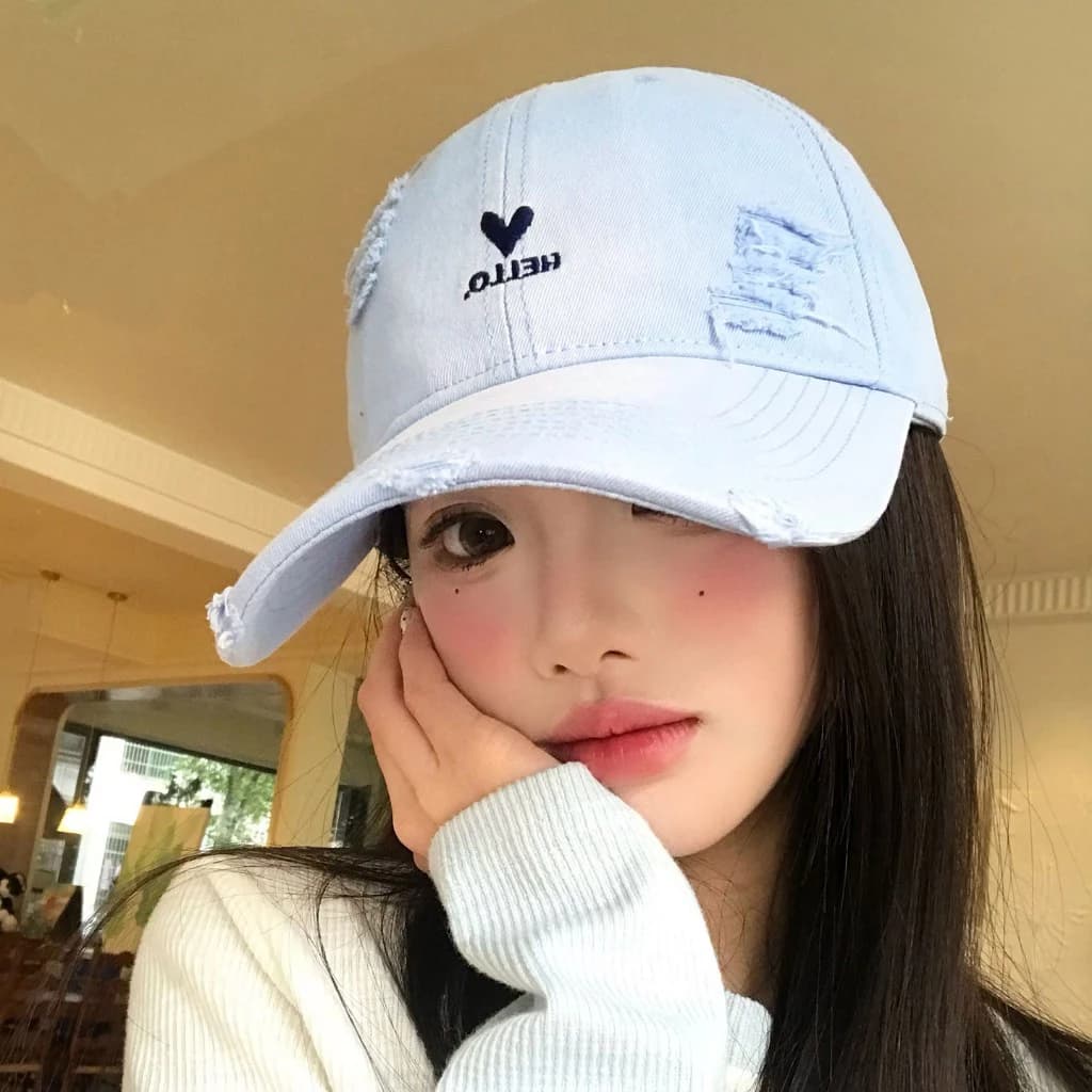 Phong Cách Hàn Quốc - Mũ Bóng Chày Soft Tear Heart Embroidery, Vành Rộng, Tăng vẻ petite