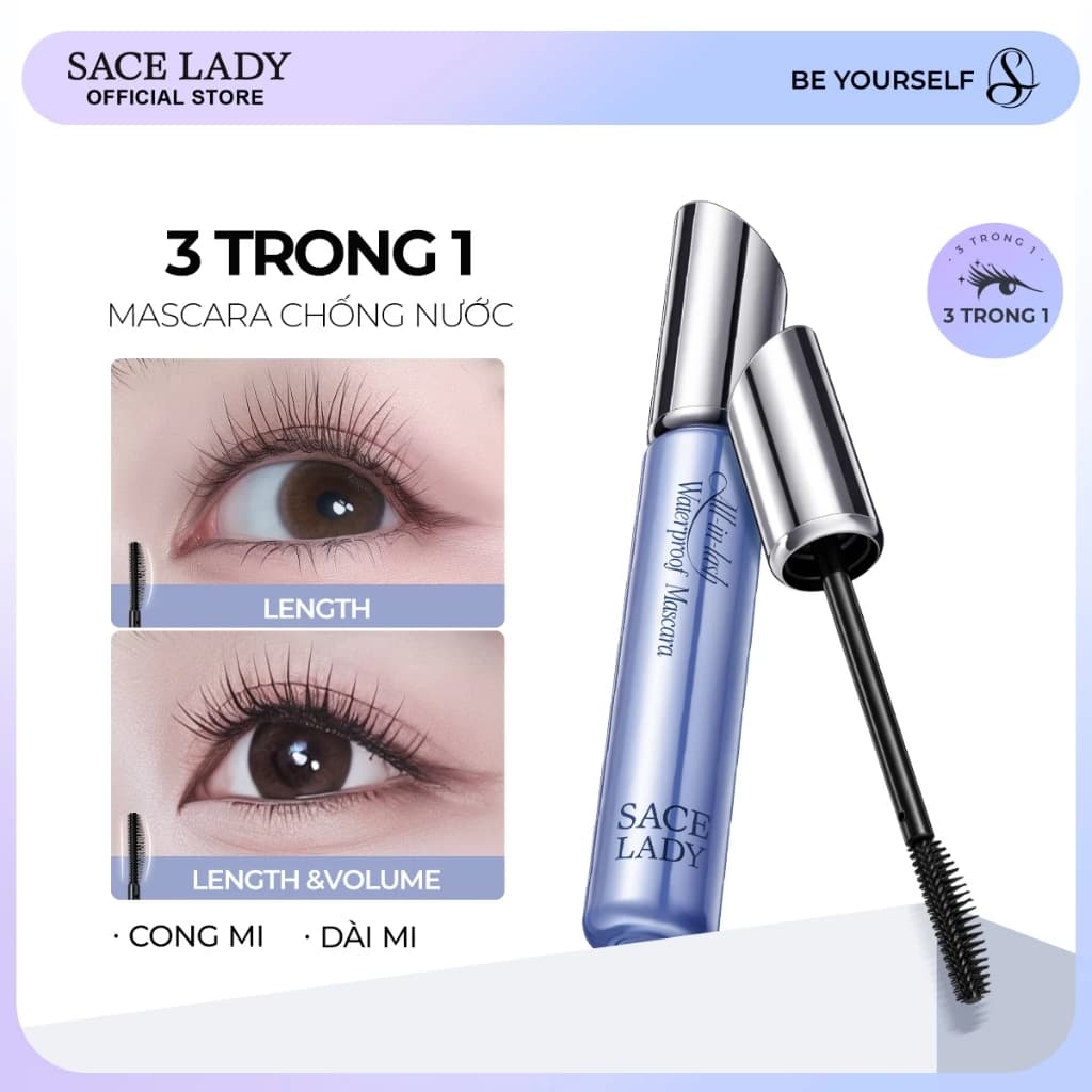 SACELADY Mascara chống thấm nước All-in-lash SACELADY Làm Cong&Dài mi 3 trong 1 1.2ml