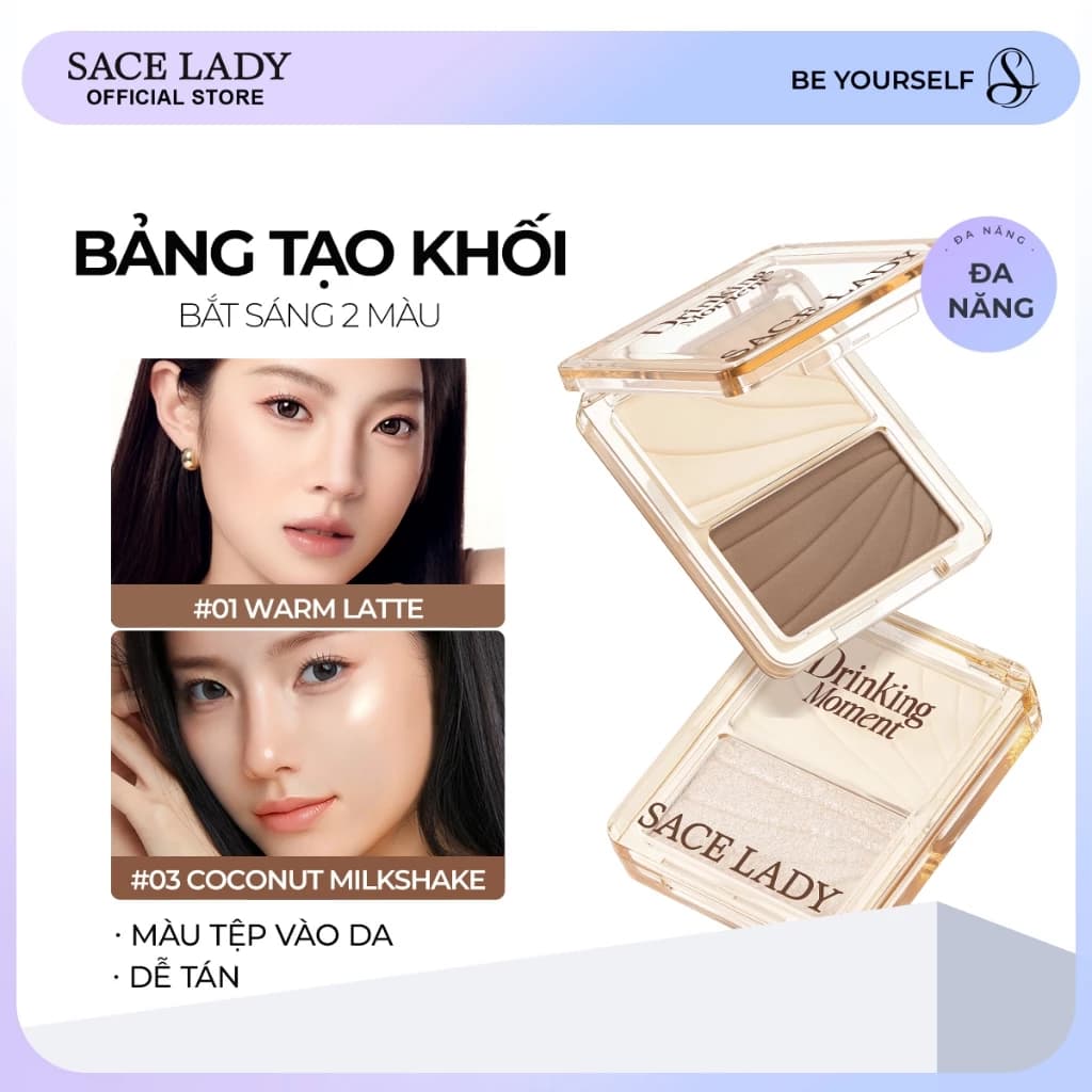 Bảng tạo khối hai ô màu SACE LADY Contouring Palette Hiệu ứng điêu khắc 3D nhẹ pha trộn 4g