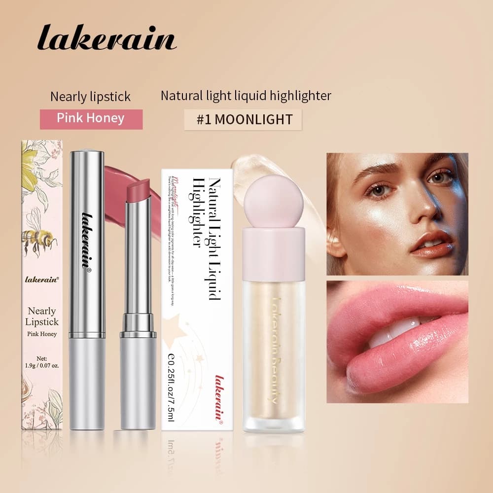 Lakerain Nearly Lipstick & Natural Light Liquid Highlighter Duo Set | Son môi Sheer Finish Vitamin E + Light All-Day Liquid Glow | Bộ trang điểm 2 món