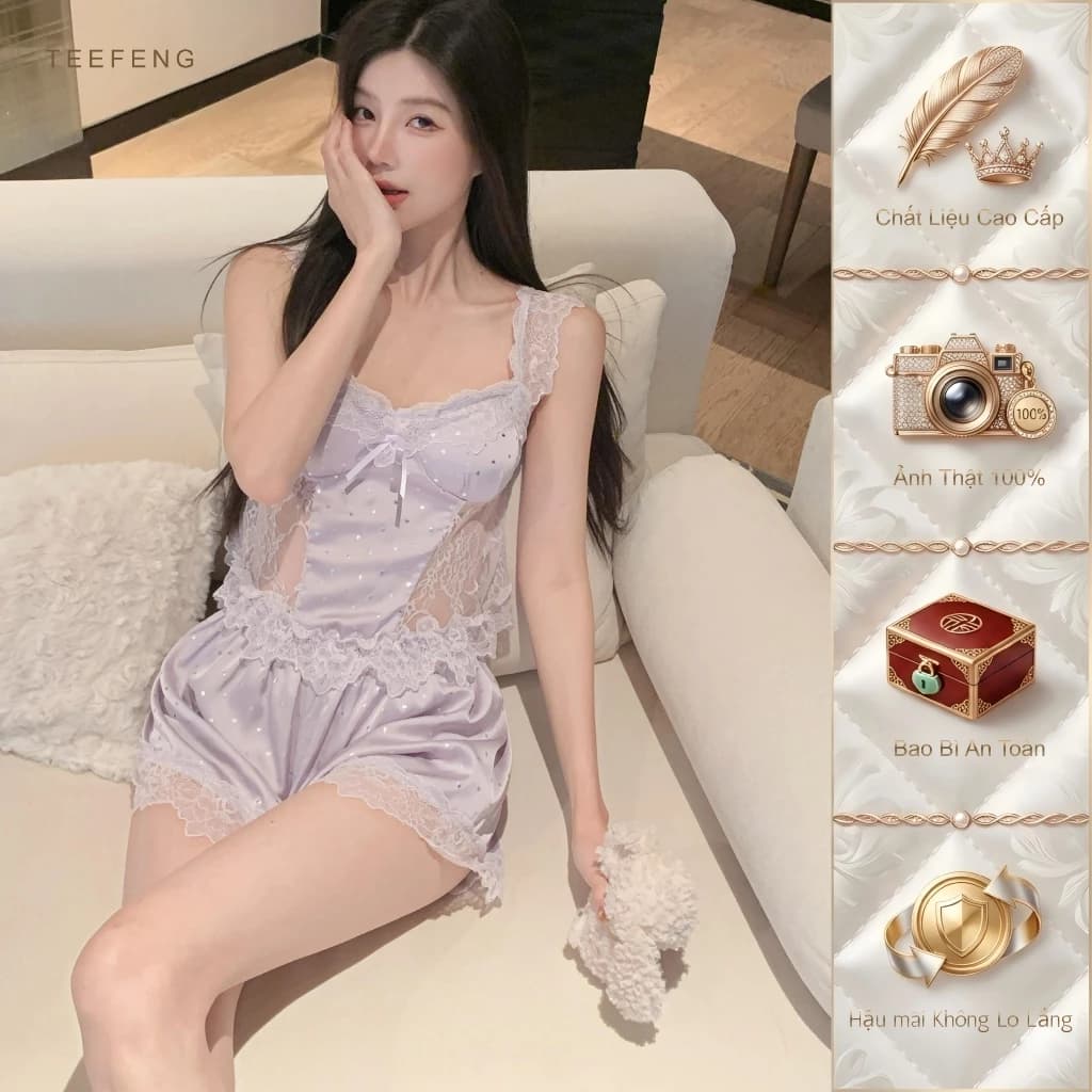 TEEFENG Bộ Đồ Ngủ Nữ Lụa Cao Cấp Ren Gợi Cảm Mặc Mùa Hai Dây Mỏng Miếng Lót Ngực Loungewear