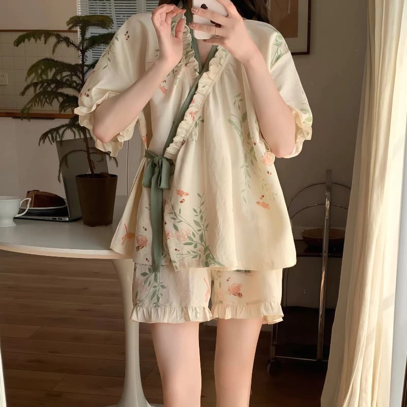 Bộ Đồ Ngủ Nữ Phong Cách Tân Trung Hoa - Áo Thun Ngắn Tay & Quần Dài Chất Cotton Hoa Nhí, Có Dây Rút, Set Đồ Mặc Nhà Thoải Mái, Hàng Mới Xuân 2026