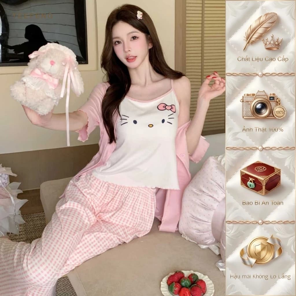 TEEFENG Bộ Đồ Ngủ Mùa Hè Ba Mảnh Modal Hello Kitty Có Miếng Lót Ngực Sling Mỏng Mặc Nhà