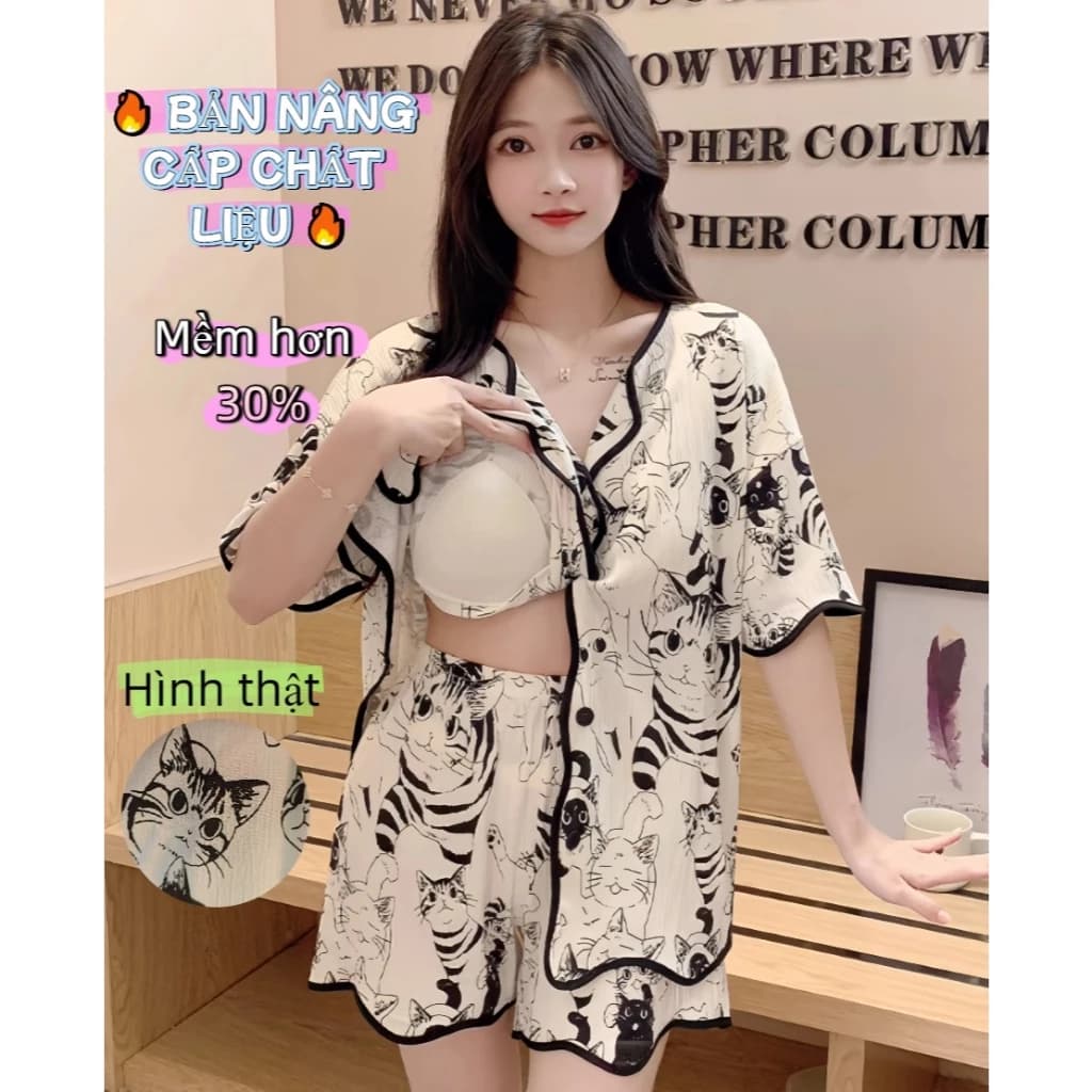 【Có đệm ngực】Bộ đồ ngủ nữ mùa hè tay ngắn quần short - Họa tiết hoạt hình dễ thương - Chất cotton mây thoáng mát