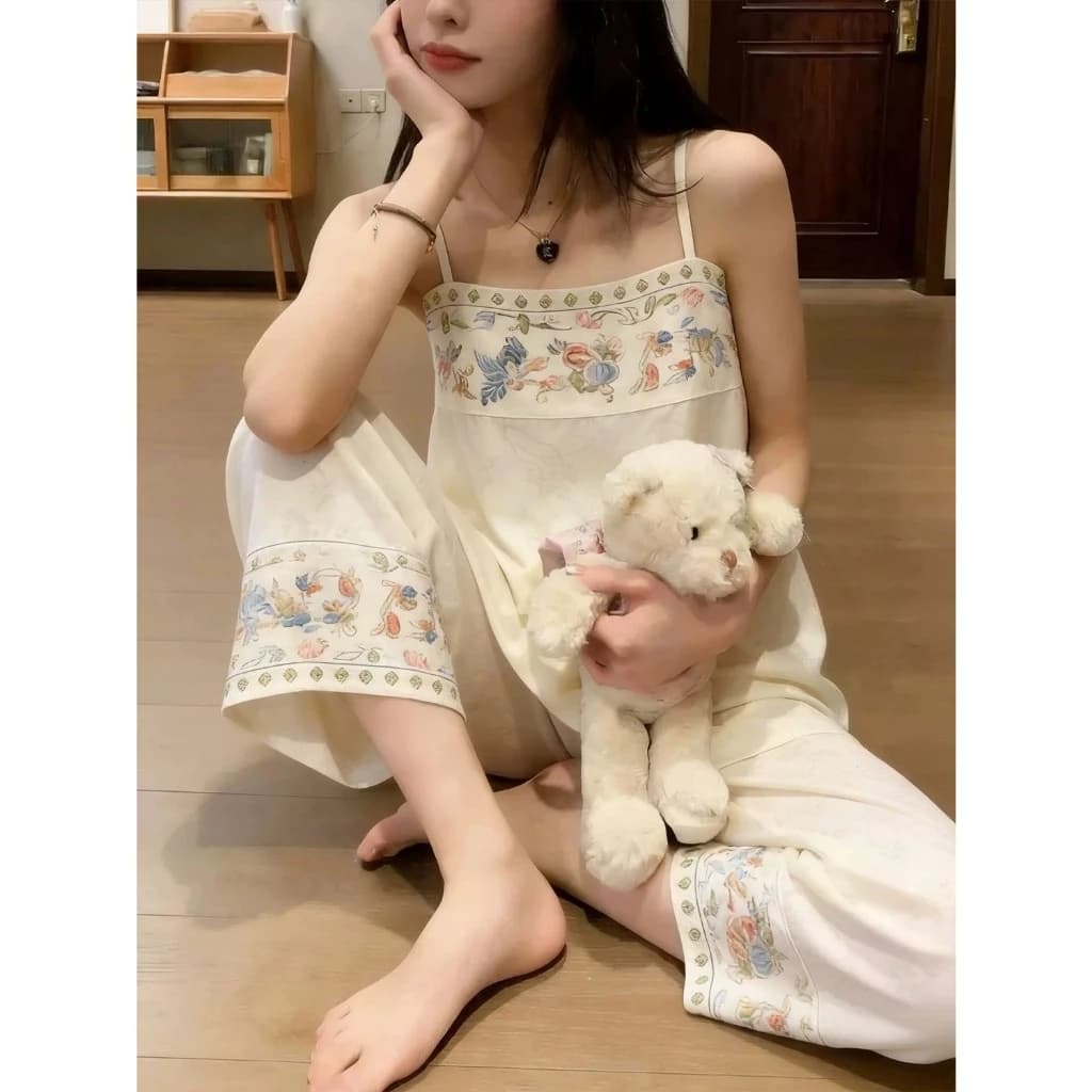 Bộ quần áo ngủ phong cách Trung Quốc mới dành cho nữ mỏng in hình dáng rộng để mặc ở nhà