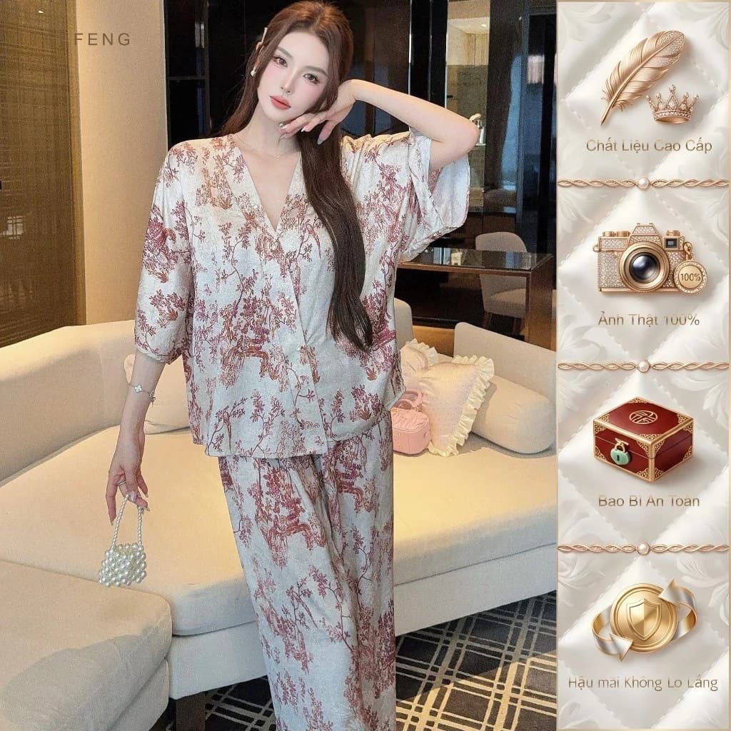 TEEFENG Đồ Ngủ Nữ Lụa Cao Cấp Dệt Hoa Phong Cách Sang Trọng Tay Dài Mùa Xuân Mặc Nhà