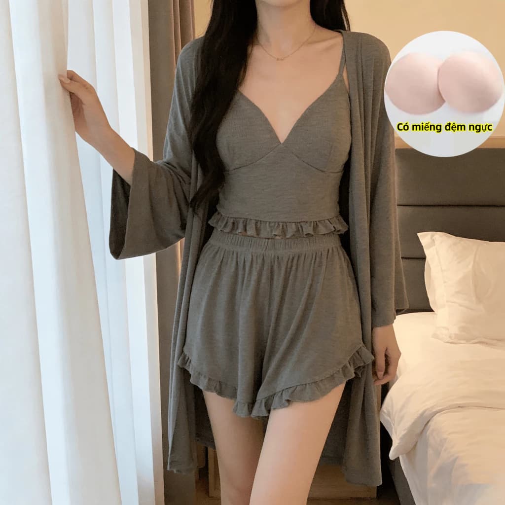 Bộ đồ ngủ nữ 3 mảnh có áo ngực tích hợp, đồ ngủ mùa hè cao cấp, dây đeo, quần short, tay dài