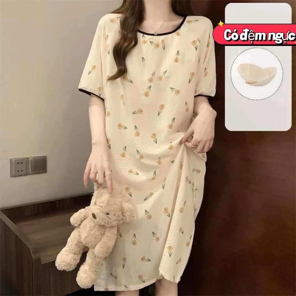 [COTTON – CÓ MIẾNG LÓT NGỰC] Đầm ngủ dài mùa hè mỏng mát, cổ tròn rộng rãi thoải mái – Đồ ngủ tại nhà được ưa chuộng và đánh giá cao