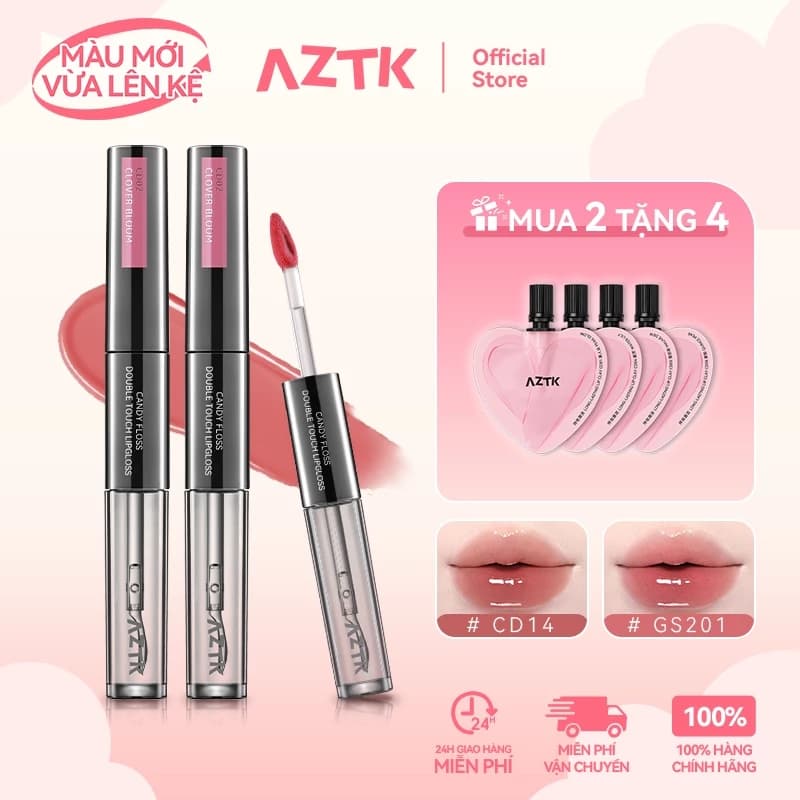 AZTK Son Kem 2 Đầu Lì Bóng 2 Trong 1 Mềm Môi Lâu Trôi Không Khô Môi 1.7g