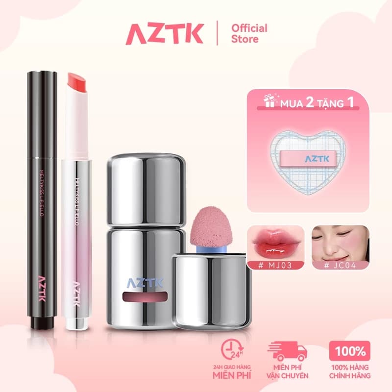 AZTK Combo Má Hồng Kem Và Má Hồng Bóng Gương Tự Nhiên Lâu Trôi Dễ Tán