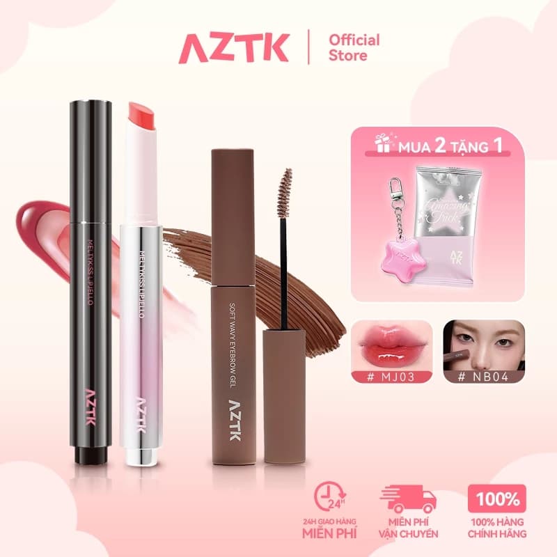 AZTK Combo Mascara Lông Mày Và Son Thỏi Bóng Gương Tự Nhiên Lâu Trôi