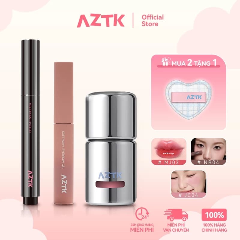AZTK Combo Son Thỏi Bóng Gương Má Hồng Mascara Lông Mày Tự Nhiên Lâu Trôi