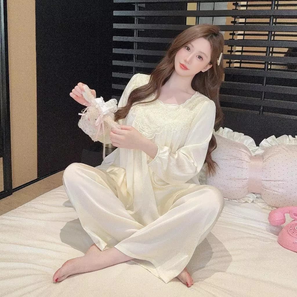 TEEFENG Bộ Đồ Ngủ Nữ Cao Cấp Ren Lụa Phong Cách Sang Trọng Dài Tay Mỏng Loungewear