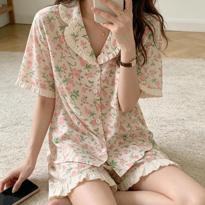 Ngắn tay hoa bộ ngủ nữ mùa hè, bầu không khí nông thôn dịu dàng và tươi mát, kết cấu cotton và vải lanh, thiết kế viền lá sen ngọt ngào pijama, thích hợp để chụp ảnh
