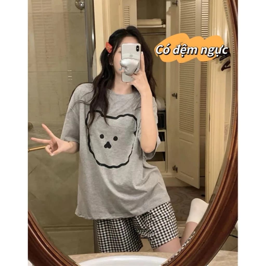 【Có đệm ngực】Đồ ngủ bộ nữ tay ngắn quần sóc có đệm ngực - Họa tiết thú động vật hoạt hình, thời thượng, mặc nhà hoặc ra ngoài