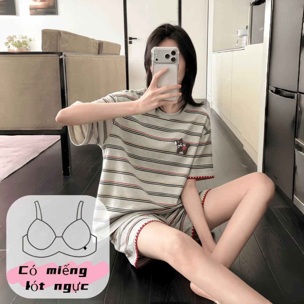 【có miếng ngực】Áo ngủ nữ mùa hè mới 2026, dễ thương, tay ngắn quần đùi, rộng rãi, mặc ở nhà hoặc đi chơi ngoài được, có miếng ngực, họa tiết hoạt hình