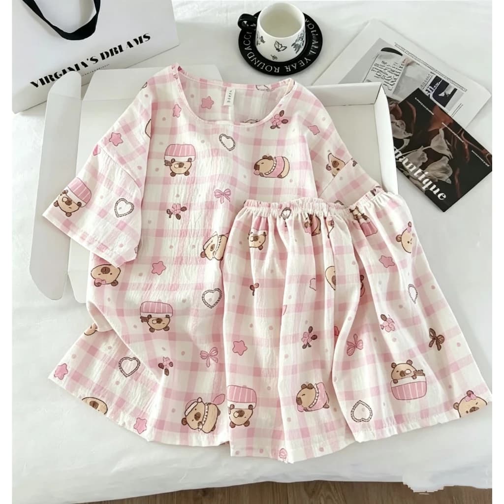 【Hàng cotton khuyến mãi】Bộ đồ ngủ nữ hè ngắn tay quần short cổ tròn - Dáng rộng thoải mái, thời trang đơn giản