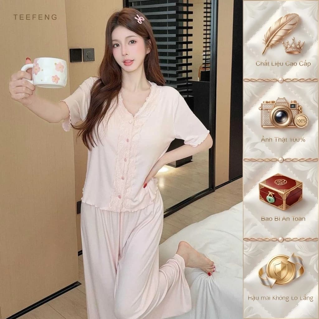 TEEFENG Bộ Đồ Ngủ Nữ Mùa Hè Modal Tay Ngắn Màu Trơn Tương Tự Cảm Giác Cao Cấp Có Miếng Lót Ngực