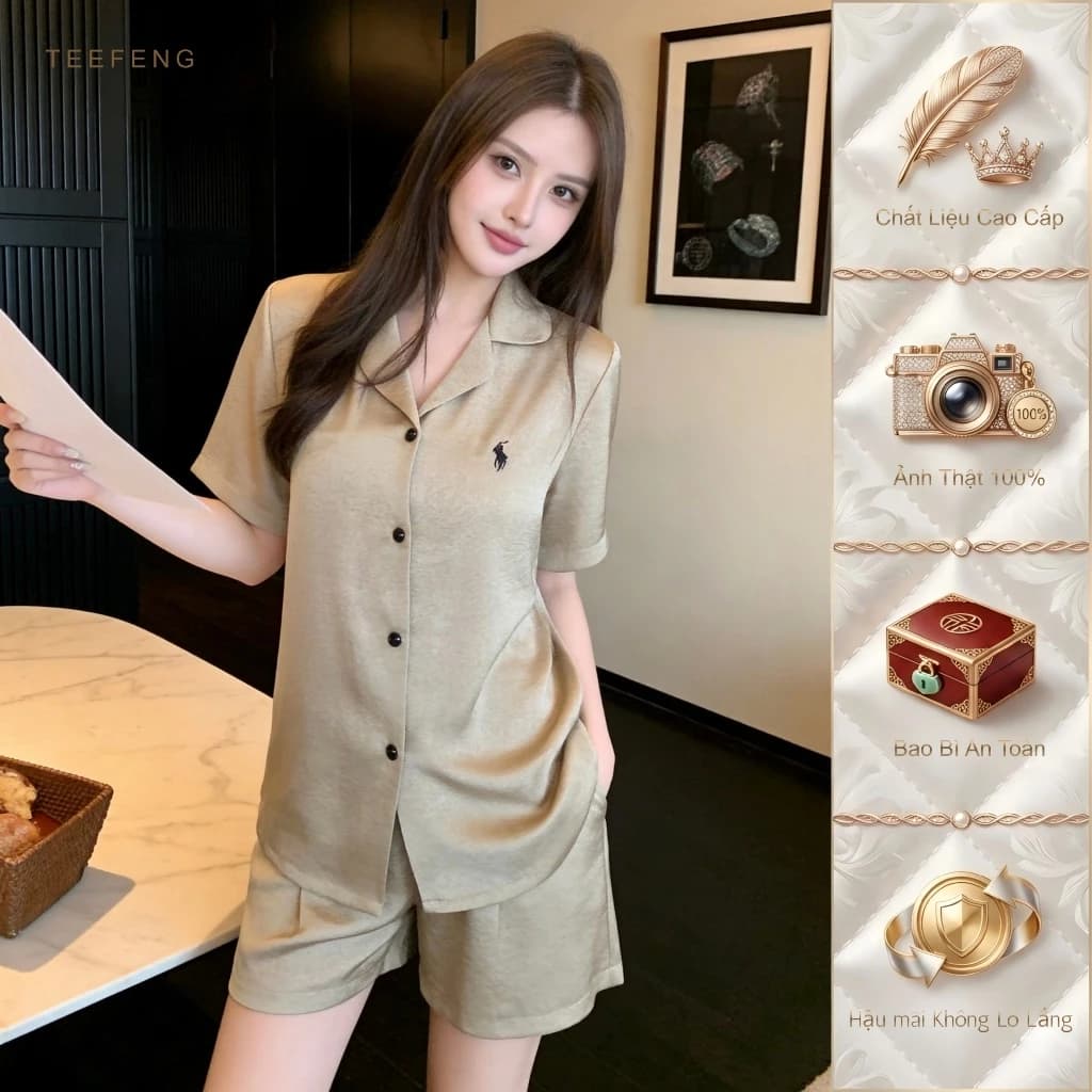 TEEFENG Bộ Đồ Ngủ Nữ Cao Cấp Lụa Phong Cách Thời Trang Mùa Hè Tay Ngắn Loungewear