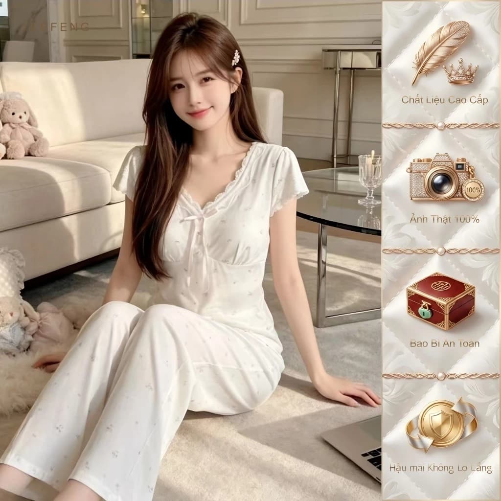 TEEFENG Bộ Đồ Ngủ Nữ Mùa Hè Modal Tay Ngắn Ren Hoa Phong Cách Ngọt Có Miếng Lót Ngực Ngào Loungewear