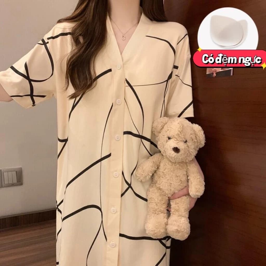 【Bông có đệm ngực】Đầm ngủ dài tay dáng dài mùa hè mới nhất – cổ chữ V, dạng cardigan, tay phồng bo chun – Đồ mặc nhà cao cấp thời trang dành cho nữ
