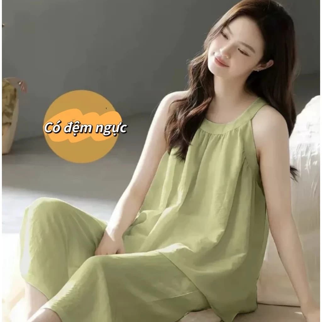 【Bông có đệm ngực】Bộ đồ ngủ mùa hè gồm áo không tay + quần dài 7 phân – Màu đơn sắc, phong cách thanh lịch nhã nhặn. Đồ mặc nhà.