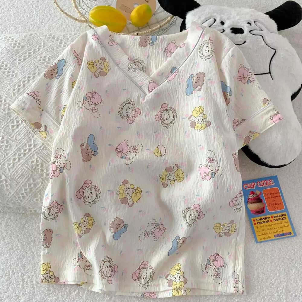 【Bông nguyên chất có miếng lót ngực】Bộ đồ ngủ mùa hè cổ V thoải mái - Áo thun + Quần đùi, chất liệu mát mịn, đánh giá 5 sao, thích hợp mặc nhà