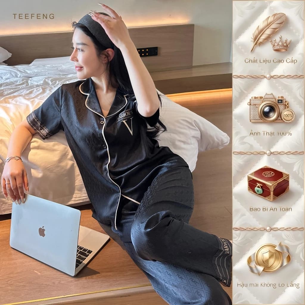 TEEFNG Bộ Đồ Ngủ Nữ Cao Cấp Lụa Phong Cách Sang Trọng Mùa Hè Tay Ngắn Loungewear