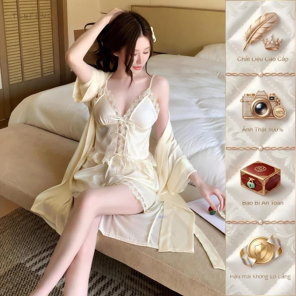 TEEFENG Bộ Đồ Ngủ Ba Mảnh Bộ Ren Lụa Cao Cấp Gợi Cảm Sling Mùa Hè Mỏng Loungewear