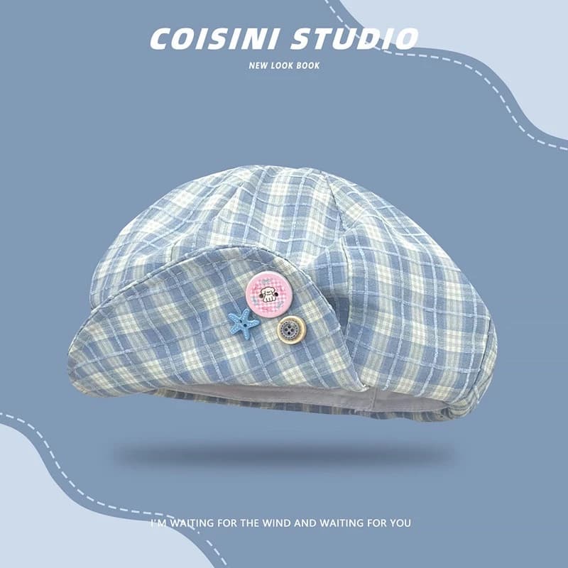 Nhật Bản Retro Kẻ Sọc Hình Bát Giác Mũ Nữ Xuân Hè Preppy Phong Cách Nút Trang Trí Thể Hiện Mặt Nhỏ Tất Cả Trận Đấu Bầu Không Khí Dis