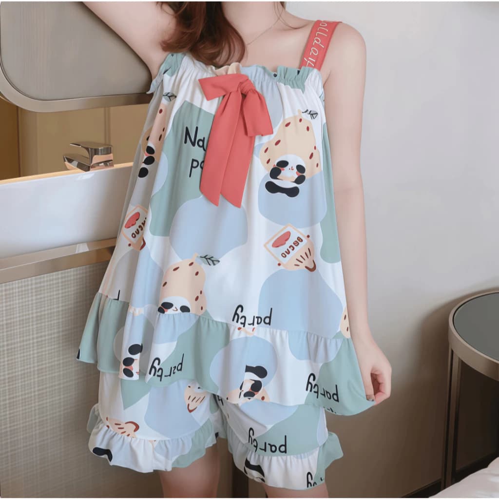 Bộ đồ ngủ nữ mùa xuân hè mới dạng đầm hai dây + quần short chất cotton in hình hoạt hình dễ thương không tay thoáng khí thoải mái mặc ở nhà hoặc đi chơi được