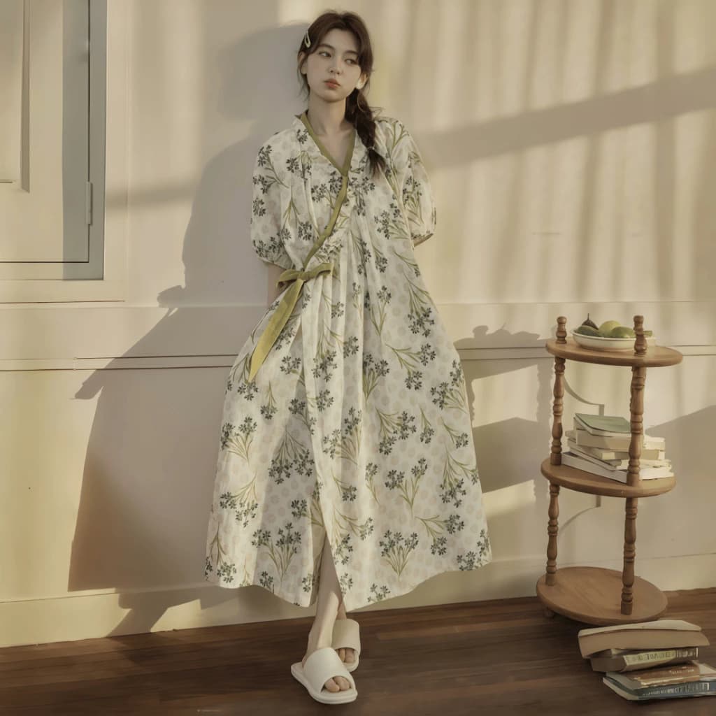 Mới – Đầm ngủ nữ cotton – Áo ngủ dài tay in họa tiết phong cách Trung Quốc, phong cảnh Monet, hoa nhí – Mặc nhà thoáng mát – Có thể mặc khi ra ngoài – Thiết kế cardigan cài khuy