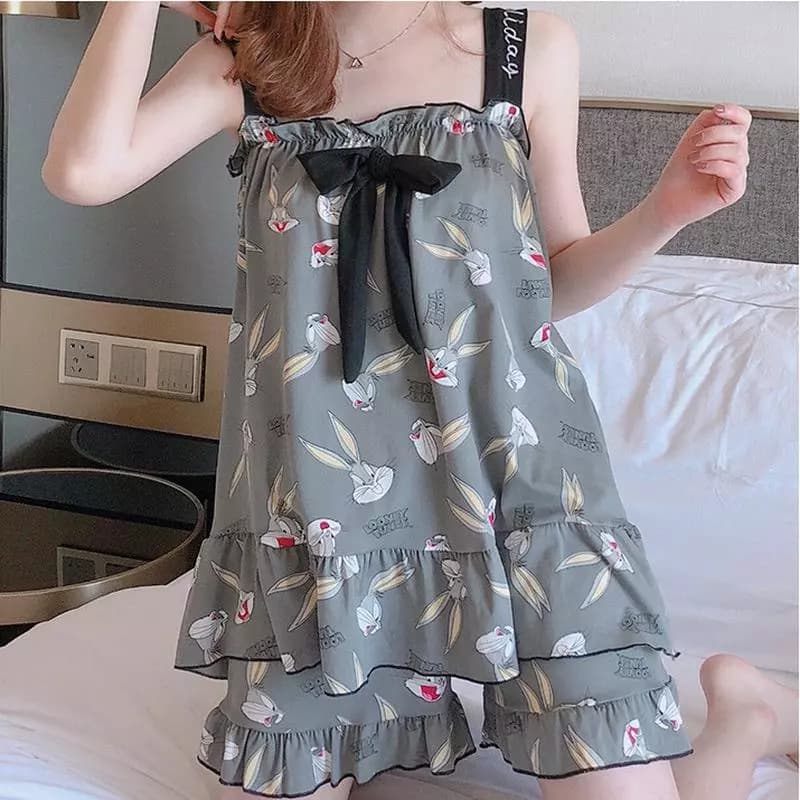 【Thanh lý giá rẻ】Bộ đồ ngủ mùa hè mát mẻ dành cho nữ sinh - Áo hai dây cổ bèo nhún tay bồng, quần sooc ngắn phong cách Hàn Quốc dễ thương
