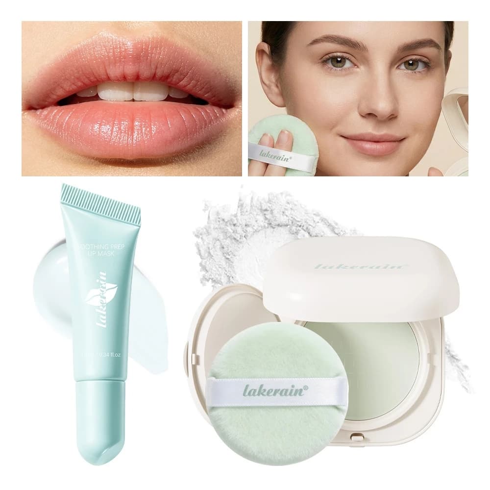 Bộ 2 Cái Lakerain: Phấn Nhỏ Gọn Kiểm Soát Dầu + Mặt nạ Làm Mát Peel Off Lip Mask, Phấn Phủ Mờ & Chăm Sóc Môi Tẩy Tế Bào Chết Cho Môi Khô Chapped Trang Điểm Prep