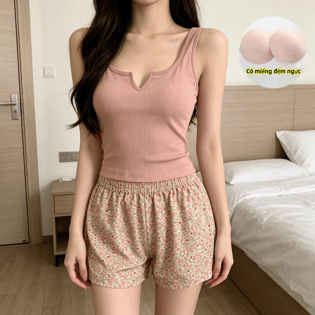 Đồ ngủ 2 dây,Bộ vest hai mảnh đồ ngủ bé gái phong cách Hàn Quốc, màu cát đậu nhẹ nhàng, có đệm ngực, quần short hoa dáng rộng lưng cao, thoải mái khi mặc ở nhà và ngoài trời