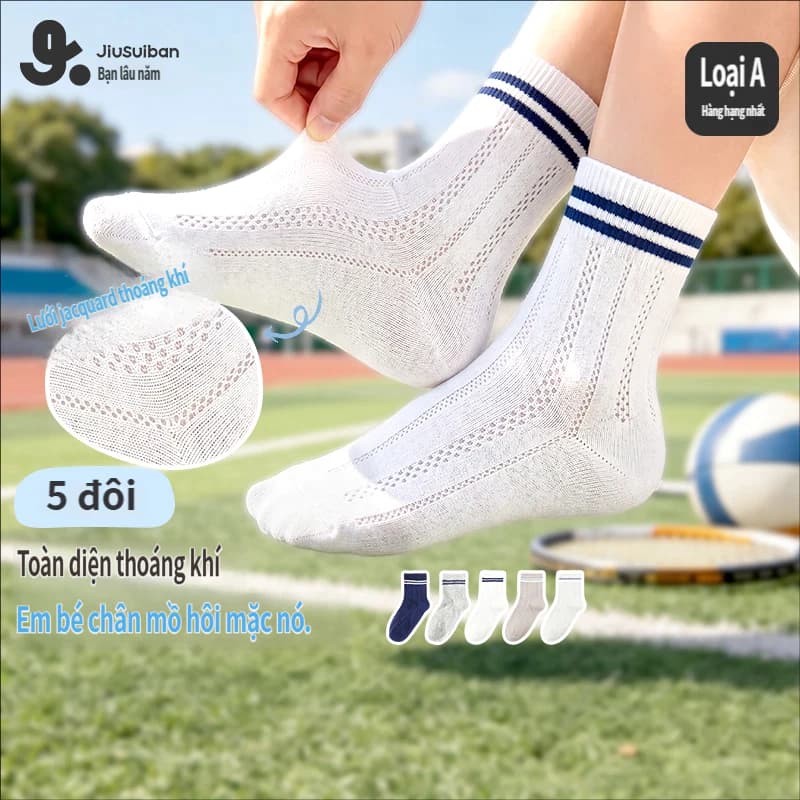 Jiusuiban 5 Gói Trẻ Em Cotton Phi Hành Đoàn Tất Liền Mạch Ngón Chân Loại A Thoáng Khí Lưới Jacquard Đi Học Tất Mềm Co Giãn Sọc Thể Thao Cho Bé Trai Bé Gái
