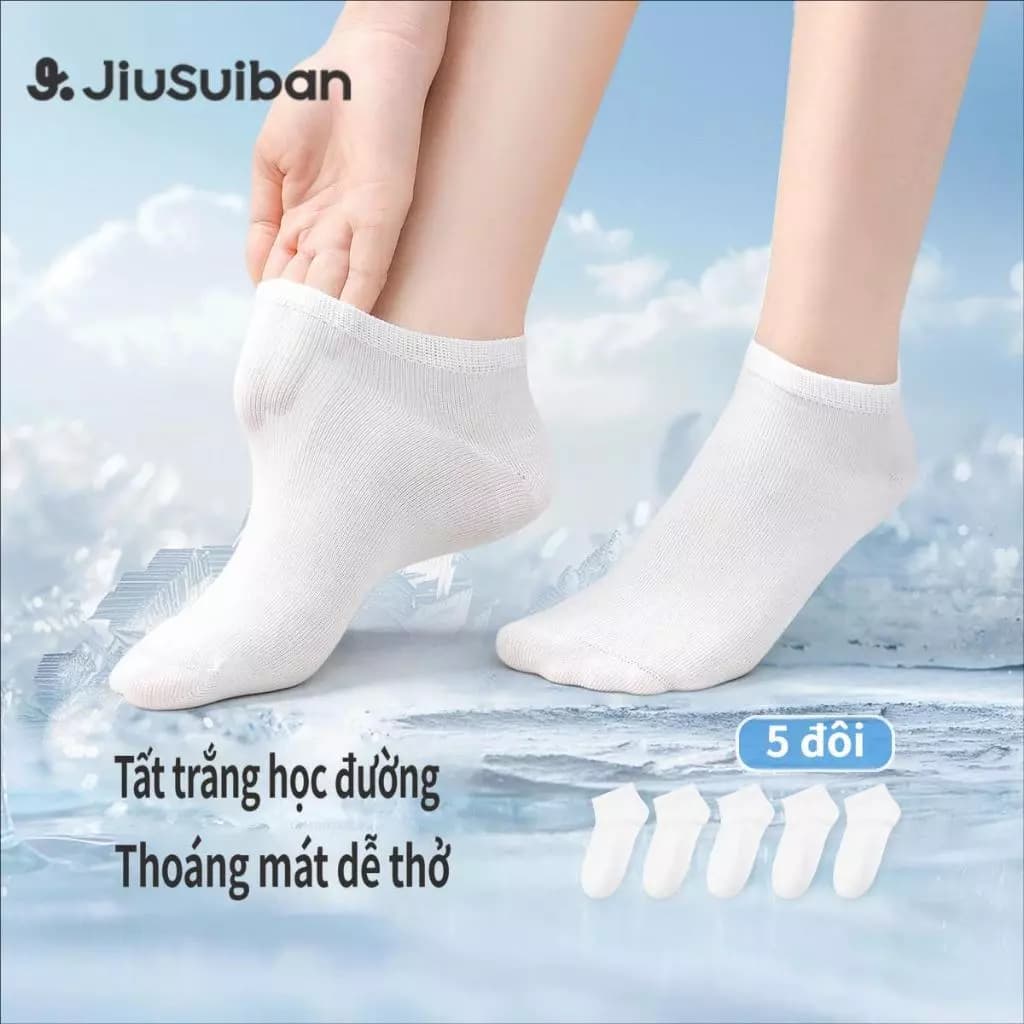 Jiusuiban 5 Gói Trẻ Em Tất Mắt Cá Chân Trắng Mỏng Lưới Thoáng Khí Mùa Hè Thấp Thuyền Tất Liền Mạch Mũi Đi Học Đồng Phục Tất Cotton Cho Bé Trai Bé Gái