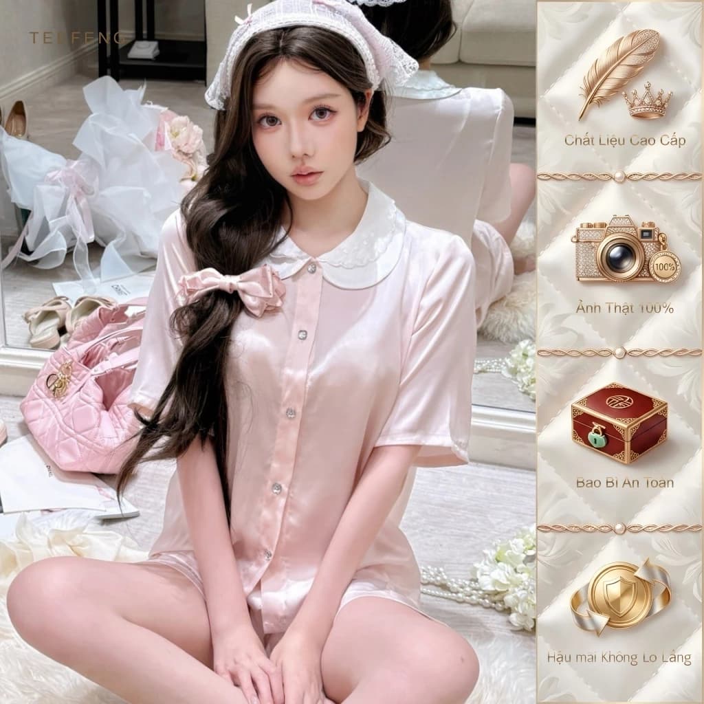 TEEFENG Bộ Đồ Ngủ Nữ Mùa Hè Lụa Cao Cấp Màu Trơn Cổ Búp Bê Phong Cách Công Chúa Loungewear