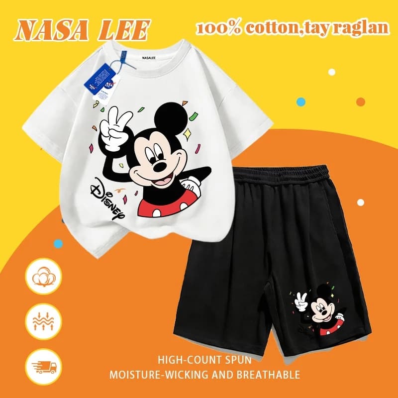 [Giao hàng trong ngày] Quần Short ngắn tay Cotton trắng dành cho trẻ em Bộ đồ hoạt hình họa tiết chuột dễ thương Khâu in 3-16 tuổi Bé trai bé gái Bộ đồ hai mảnh thông thường