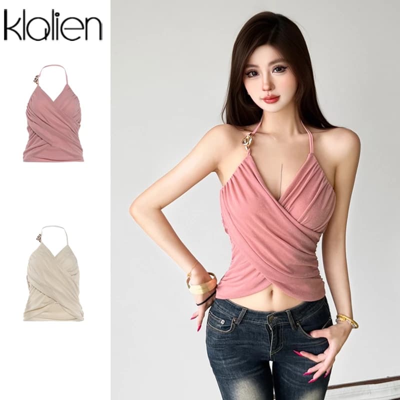 Klalien Gợi Cảm Nữ Camisole Ruched Mùa Hè Cổ Chữ V Quấn Ngực Khóa Kim Loại Chắp Vá Lưng Clubwear Đi Biển Kỳ Nghỉ Xe Tăng Áo