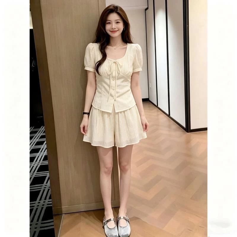 Tay phồng kiểu Pháp Bộ đồ eo hẹp Tính khí thông thường Bộ đồ hai mảnh Slimer Look All-Match Simple Wear