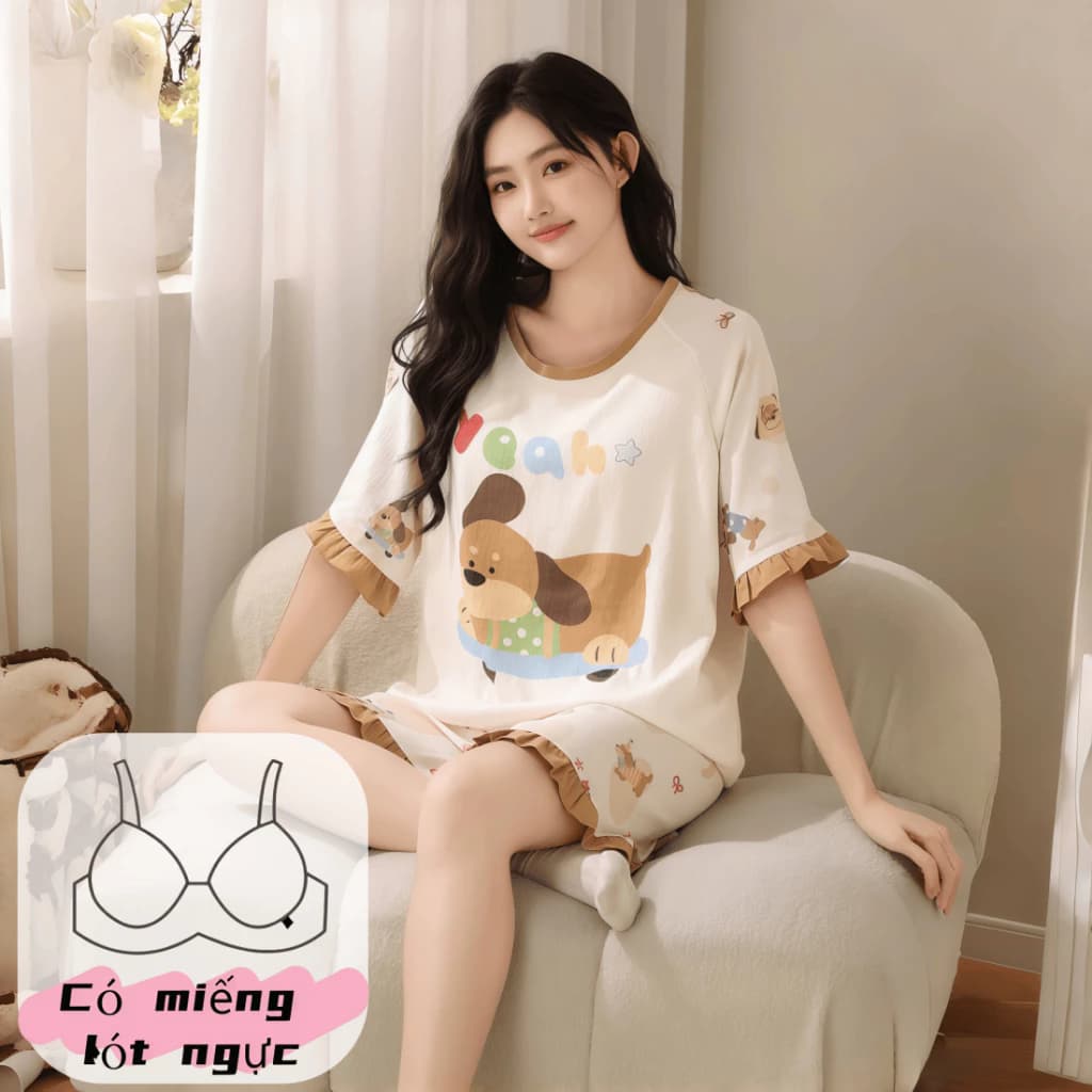【Dạng có miếng ngực】Bộ đồ mặc nhà thiếu nữ mùa xuân hè – Chất cotton mềm mịn – In hình hoa nhí / dễ thương – Có miếng ngực – Đính ren nữ tính – Cổ tròn – Mặc ở nhà, đi dạo, nhận hàng đều tiện