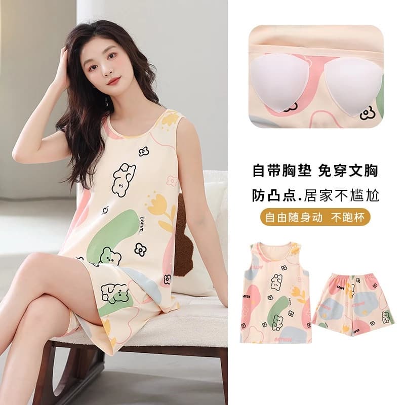 đồ bộ nữ đồ mặc nhà   bộ đồ ngủ nữ    Cotton Nguyên Chất Có Miếng Lót Ngực Bộ Đồ Ngủ Nữ Mùa Hè Áo Vest Không Tay Mỏng Thường Ngày Plus Kích Thước Phù Hợp Với Loungewear Có Thể Mặc Bên Ngoài