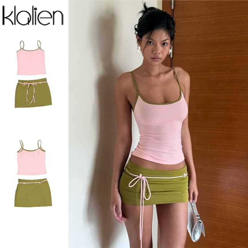 Klalien Bộ Đồ Hai Mảnh Cho Nữ: Cổ Thấp Lưng Skinny Camisole & Váy Tua Rua Ngọt Ngào - Xu Hướng Mùa Hè