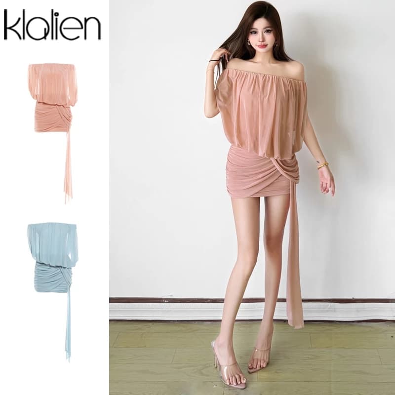 Klalien Cổ Chém Ruched Hip-Wrapped Váy Mini Hình Eo Nhìn Ôm Hơn Nữ Mùa Hè Pháp Phong Cách Thanh Lịch