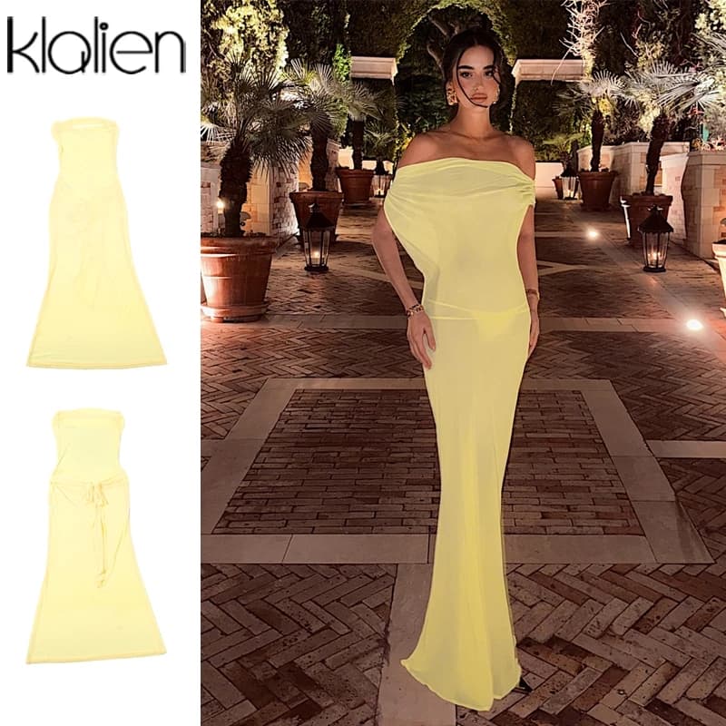 Klalien Gợi Cảm Cổ Nỉ Đầm Maxi Không Lưng Lưới Mỏng Nhìn Xuyên Qua Nữ Mùa Hè Đi Biển Phong Cách Kỳ Nghỉ