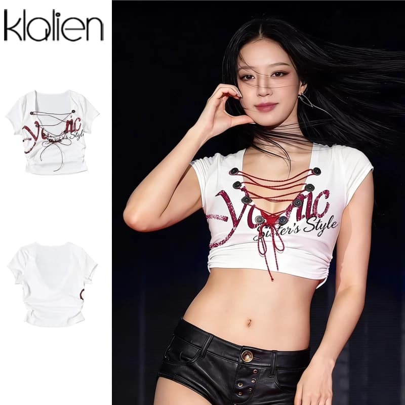 Klalien Gợi Cảm Rỗng In Hình Tách Áo Sơ Mi Ban Nhạc Thiết Kế Mỏng Thoáng Mát Nữ Mùa Hè Y2K Cay Cô Gái Phong Cách