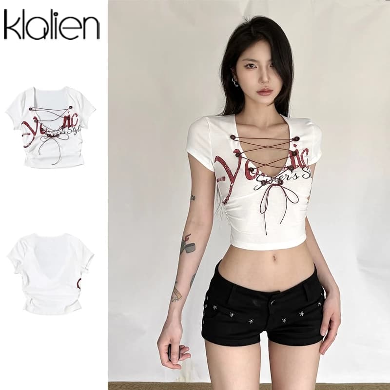 Klalien Gợi Cảm Rỗng In Hình Tách Áo Sơ Mi Ban Nhạc Thiết Kế Mỏng Thoáng Mát Nữ Mùa Hè Y2K Cay Cô Gái Phong Cách